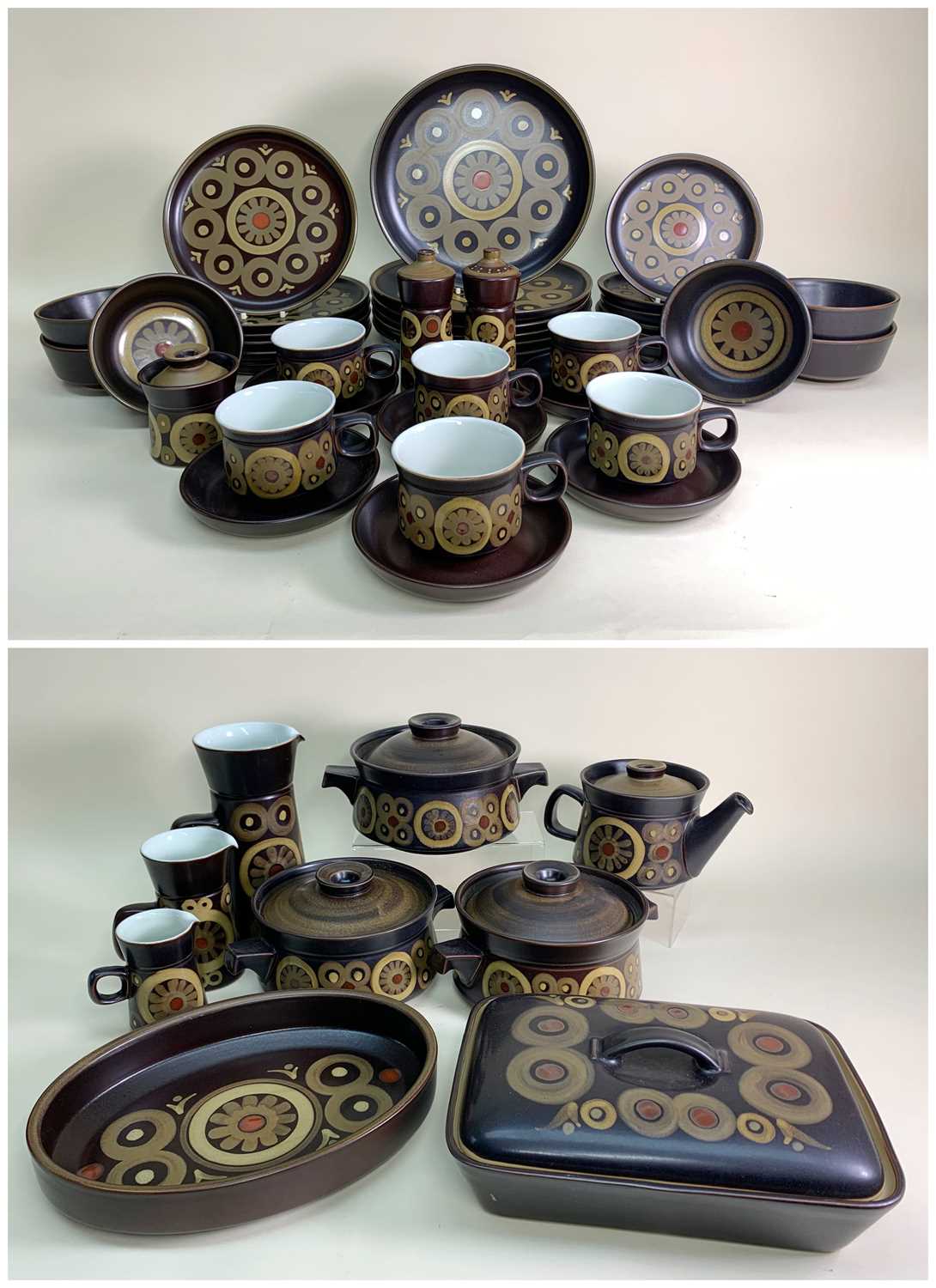 MID CENTURY DENBY TABLEWARE, Arabesque pattern designed by Gill Pemberton and in production from