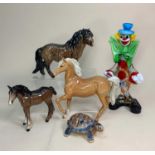 MID CENTURY CERAMIC & GLASS FIGURES including one Murano glass clown (minor loss to fingers and