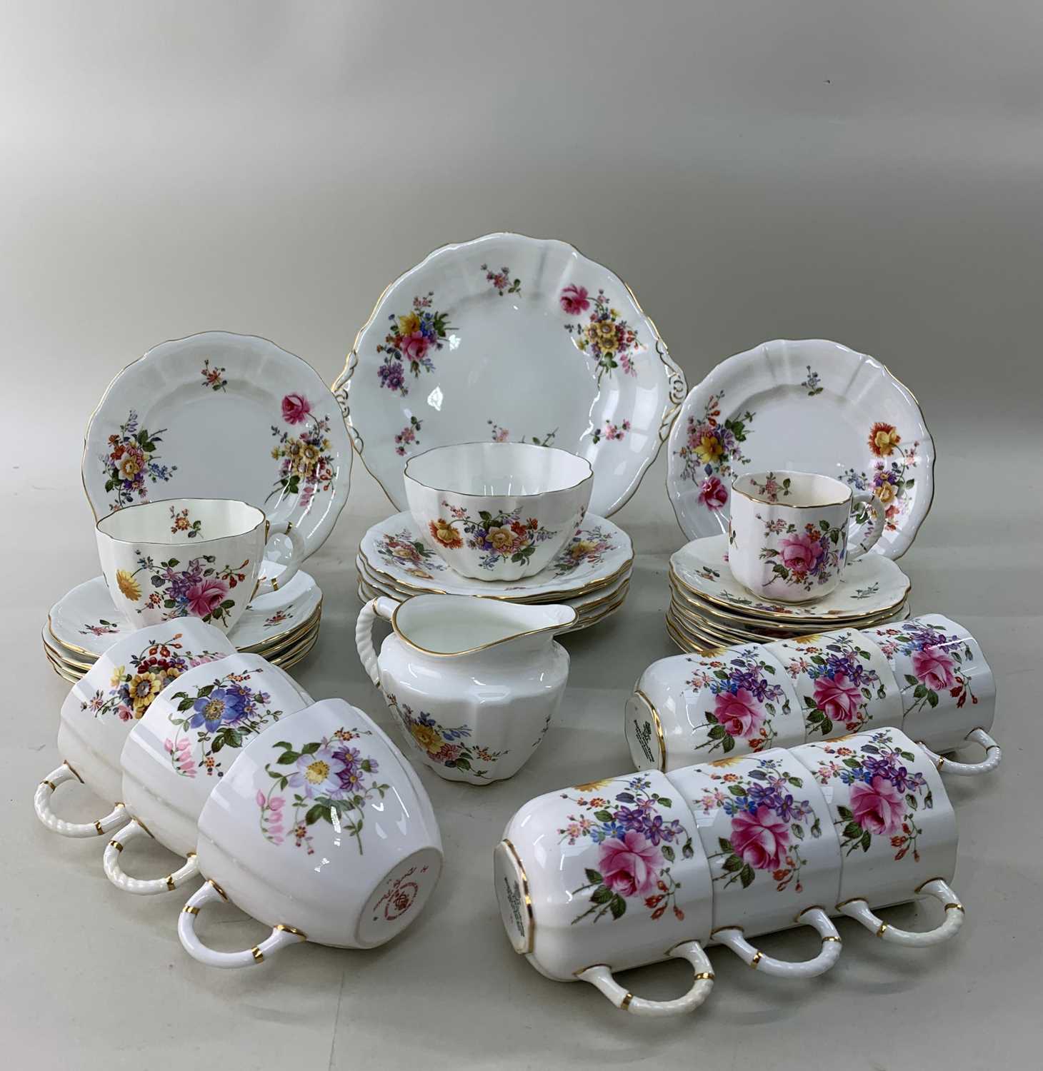 ROYAL CROWN DERBY 'DERBY POSY' TEA/COFFEE WARE, to include milk jug, sugar bowl, cake plate, seven