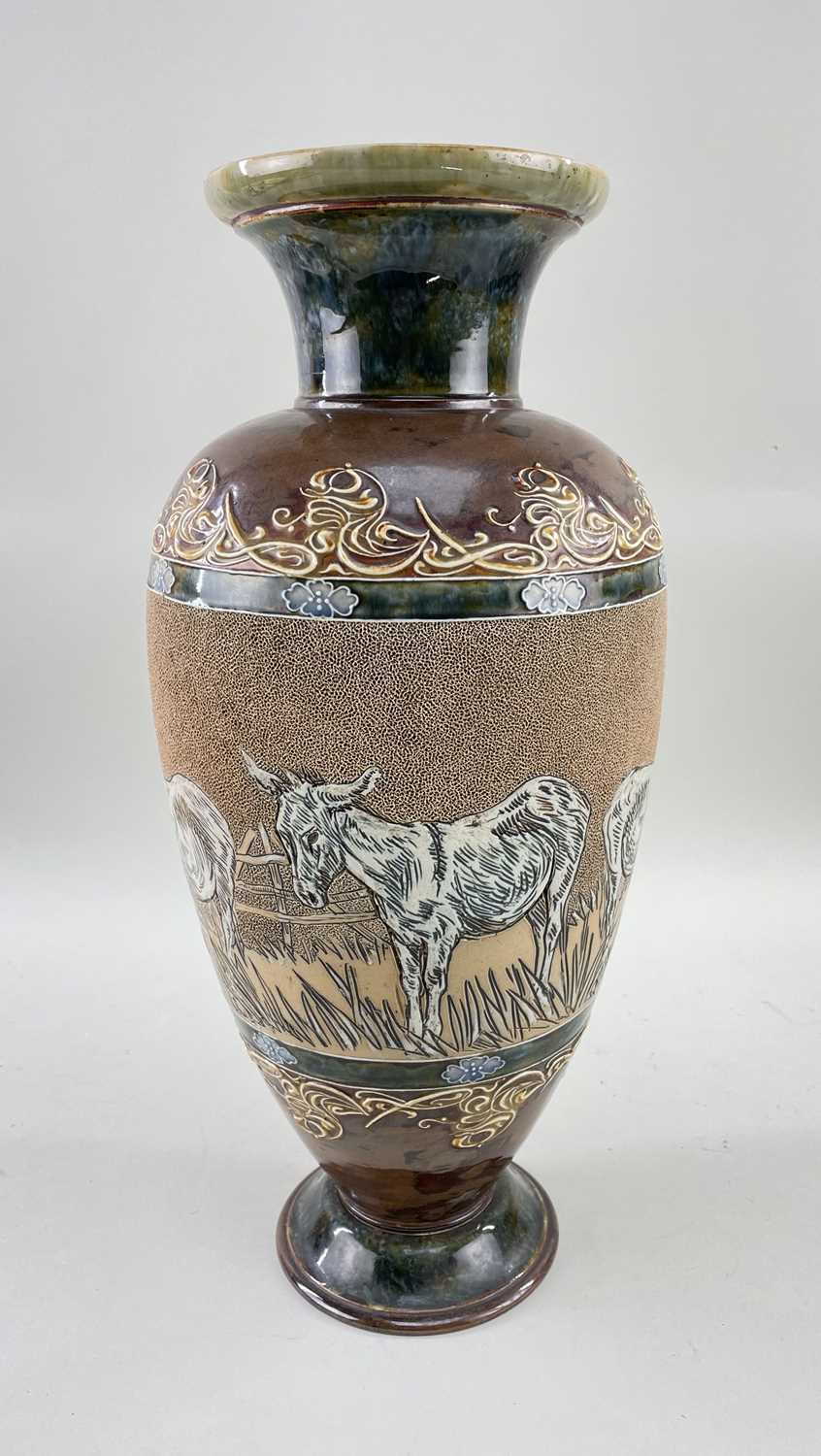 DOULTON LAMBETH STONEWARE VASE BY HANNAH BARLOW, sgraffito decorated with donkeys grazing, with - Image 3 of 6