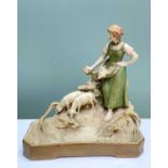 ROYAL DUX PORCELAIN FIGURE APRON WEARING SHEPHERDESS WITH TWO WATERING SHEEP, maker's mark to