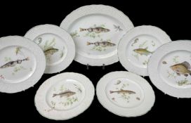 STAFFORDSHIRE POTTERY FISH SERVICE, decorated with fish in a green line and basket moulded border,