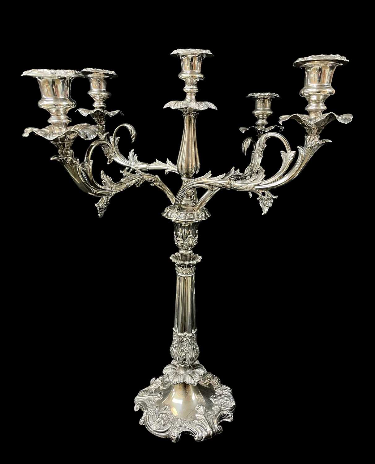 LARGE ELECTROPLATED FIVE-LIGHT CANDELABRUM, with 4 scrolled acanthus leaf arms supporting nozzles