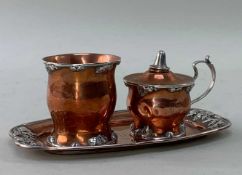 RARE JOSEPH HEINRICHS HAMMERED COPPER & SILVER MOUNTED SMOKER'S SET, American c. 1905, with