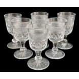 SET OF SIX GOOD QUALITY LARGE CUT GLASS WATER GOBLETS, with hobnail cut collar, above a diamond