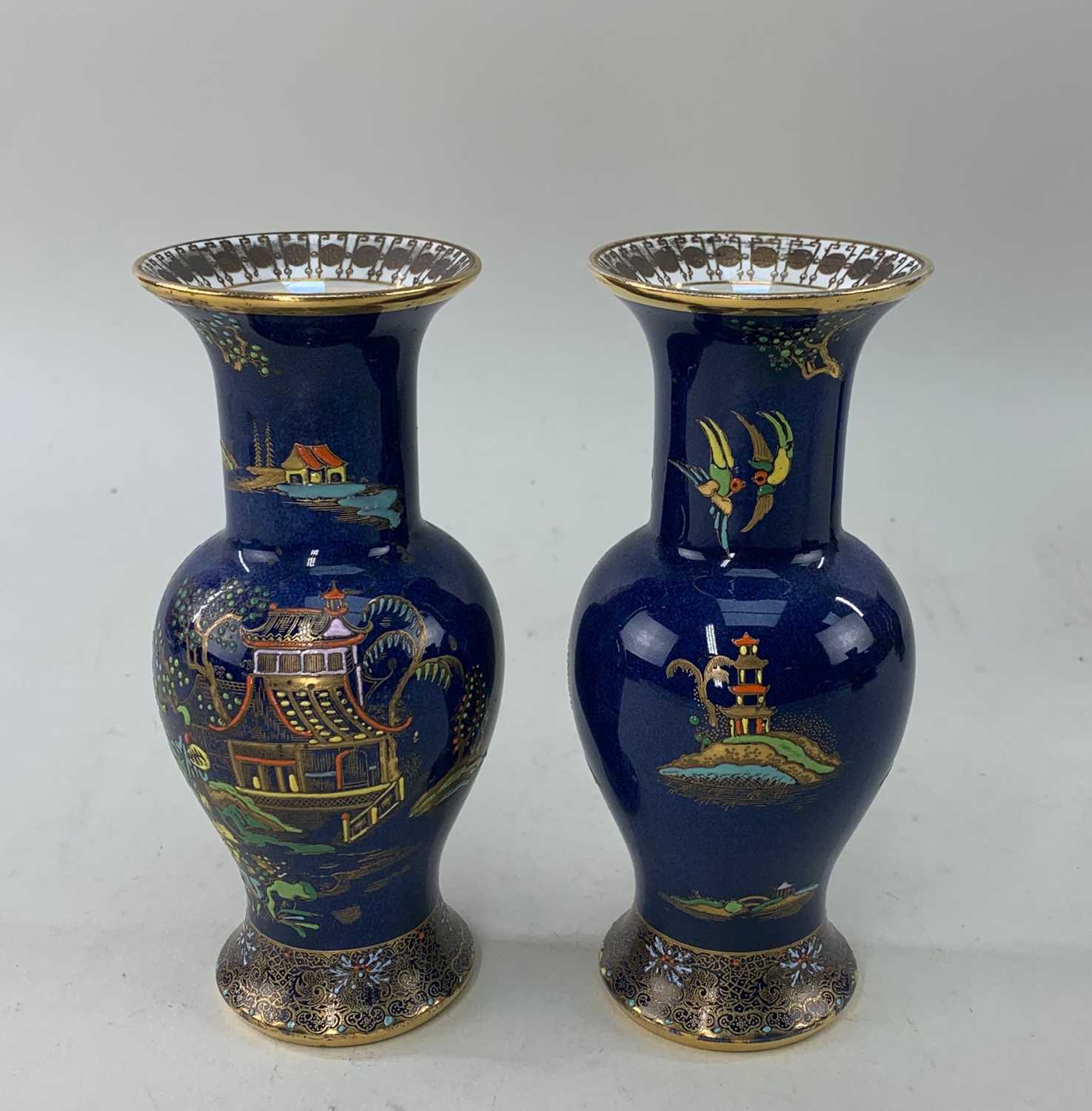 CARLTON WARE BLUE GROUND NEW MIKADO PATTERN VASES, to include a pair of Gu form vases, 17cms high - Image 4 of 5