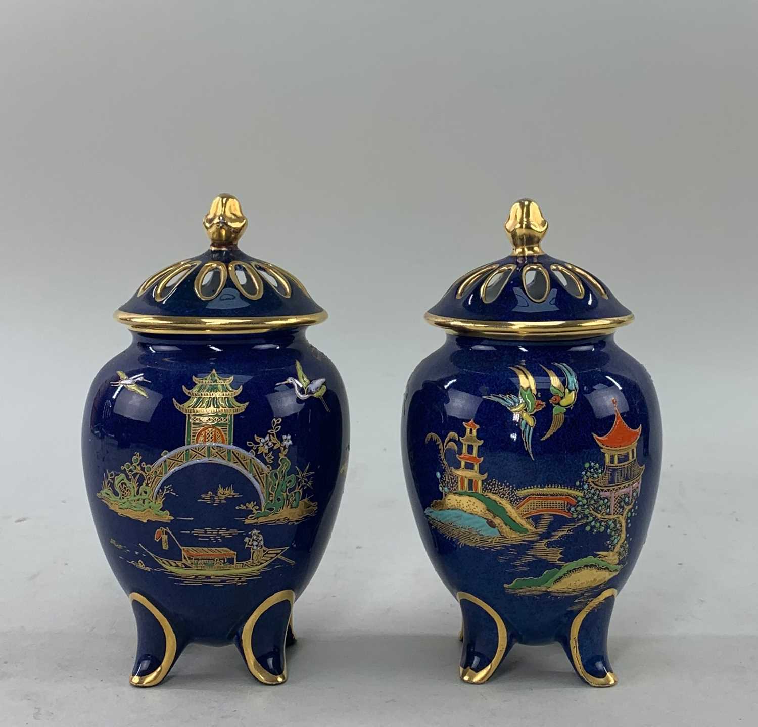 CARLTON WARE: EARLY 20TH CENTURY BLUE GROUND NEW MIKADO PATTERN comprising pair of pot pourri vases, - Image 4 of 5