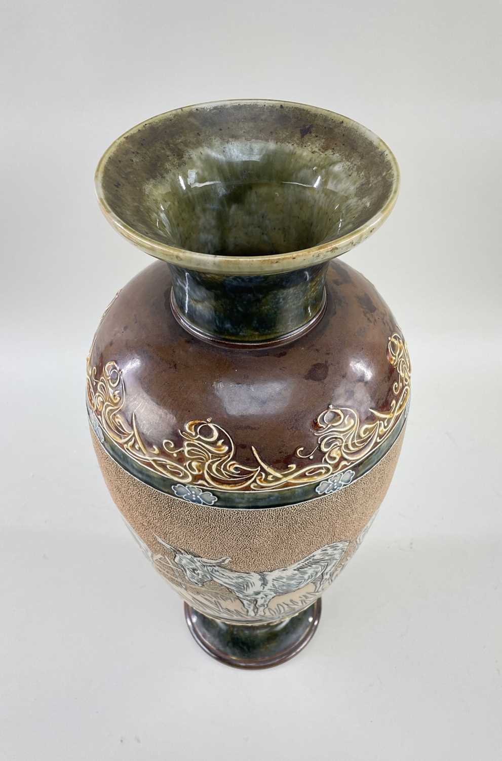 DOULTON LAMBETH STONEWARE VASE BY HANNAH BARLOW, sgraffito decorated with donkeys grazing, with - Image 5 of 6