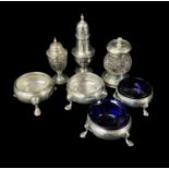 GROUP OF SILVER ITEMS to include two pairs of salts and glass liners (hallmarks badly rubbed),