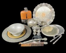 PARCEL OF SILVER & METALWARE to include pair of hallmarked silver cruets, small trophy, together