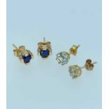 TWO PAIRS OF EARRINGS comprising pair of 14k sapphire and diamond earrings together with a pair of