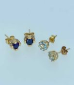 TWO PAIRS OF EARRINGS comprising pair of 14k sapphire and diamond earrings together with a pair of
