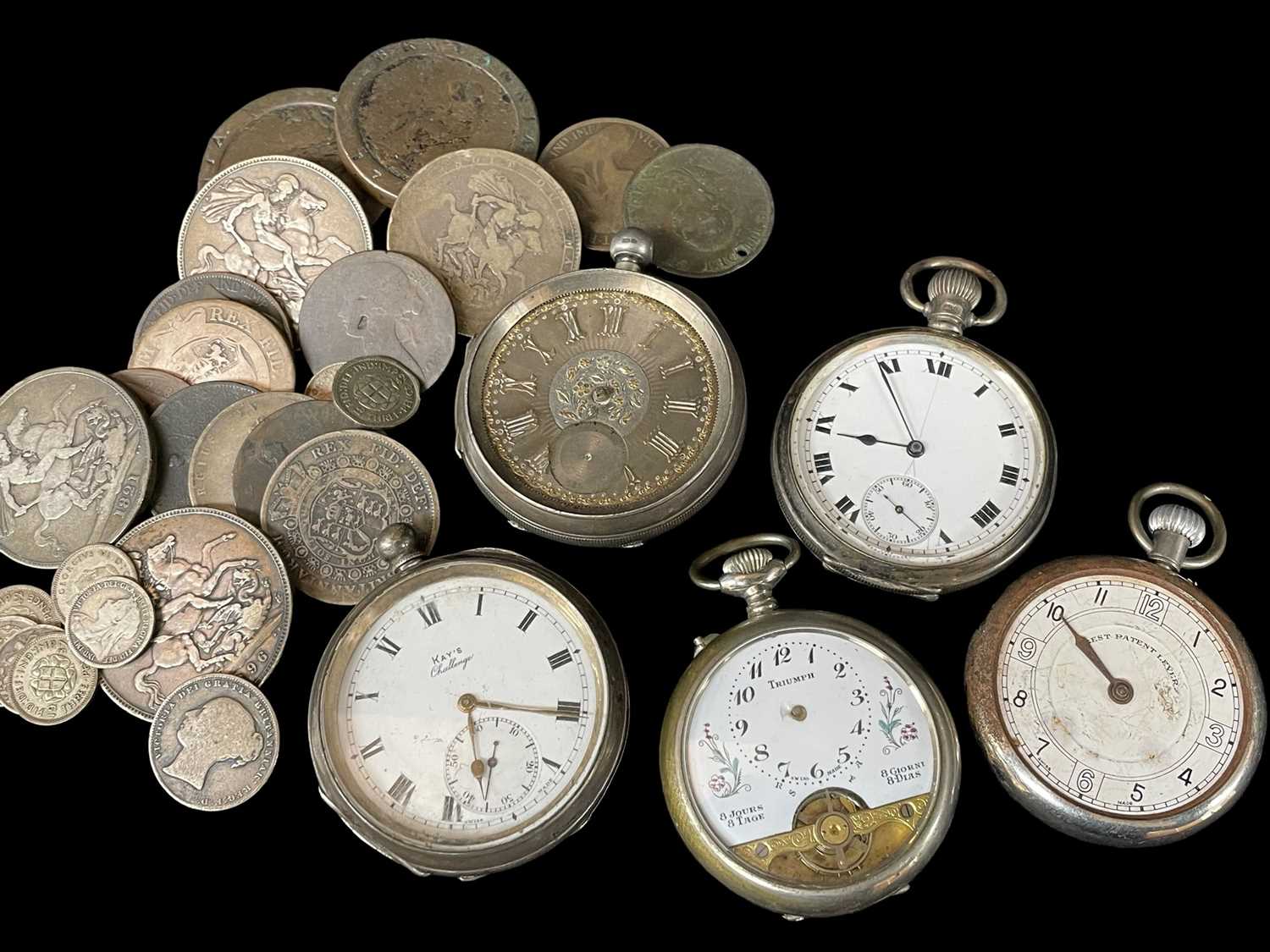 ASSORTED COINS & POCKET WATCHES comprising two 1797 'Cartwheel' coins, four silver crowns dated