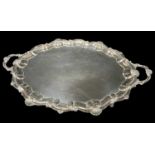 HEAVY & SUBSTANTIAL ELECTROPLATED TRAY with shell and scroll decoration, marked EPNS to underside,