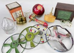 ASSORTED VINTAGE SPINNING TOPS, including coloured metal disk tops, unusual blown glass top, Jake'