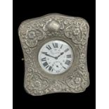 VICTORIAN GOLIATH POCKET WATCH IN SILVER DESK FRAME, silver Birmingham 1901, nickel cased watch with