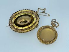 9CT GOLD & GLAZED LOCKET PENDANT, together with yellow metal shield design bar brooch with