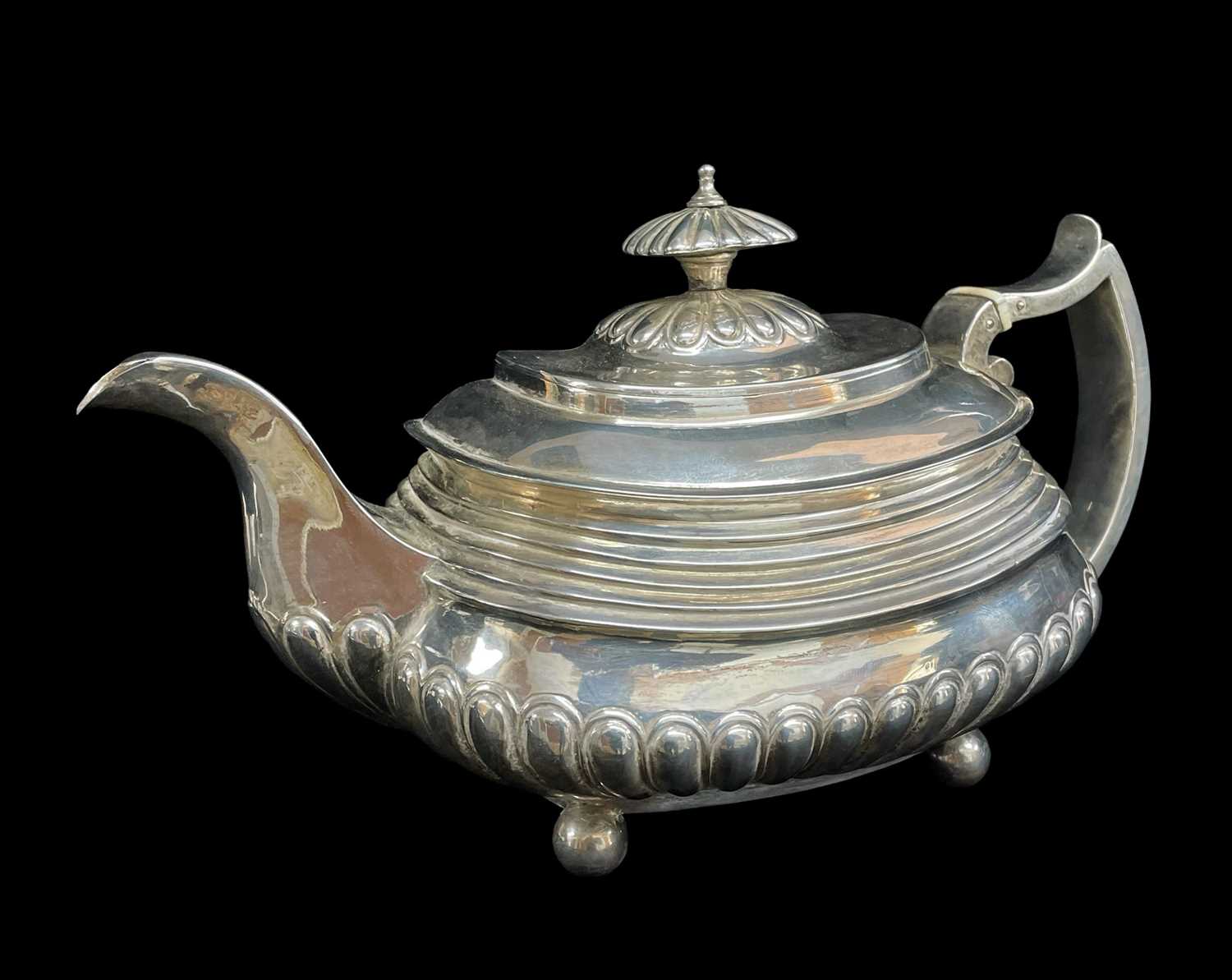 GEORGE III SILVER TEAPOT, London 1812, compressed rectangular form with stepped upper section and