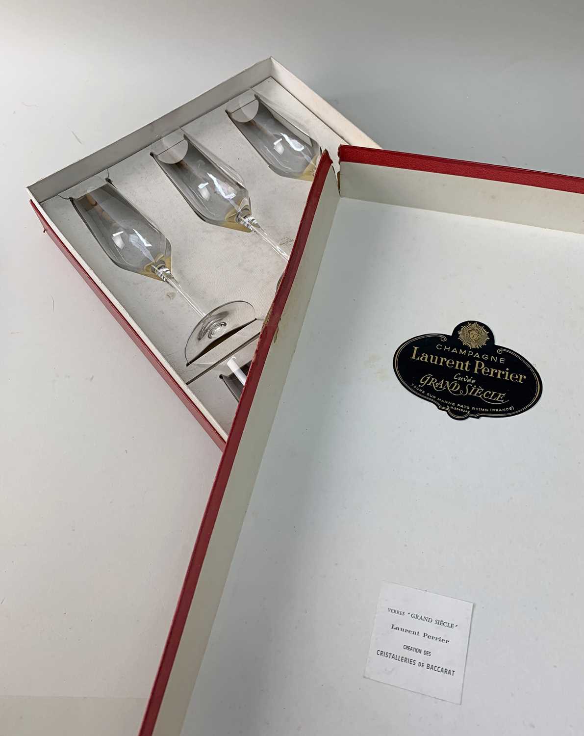 RARE SET BACCARAT CHAMPAGNE FLUTES for LAURENT PERRIER 'GRAND SIÈCLE', original cardboard