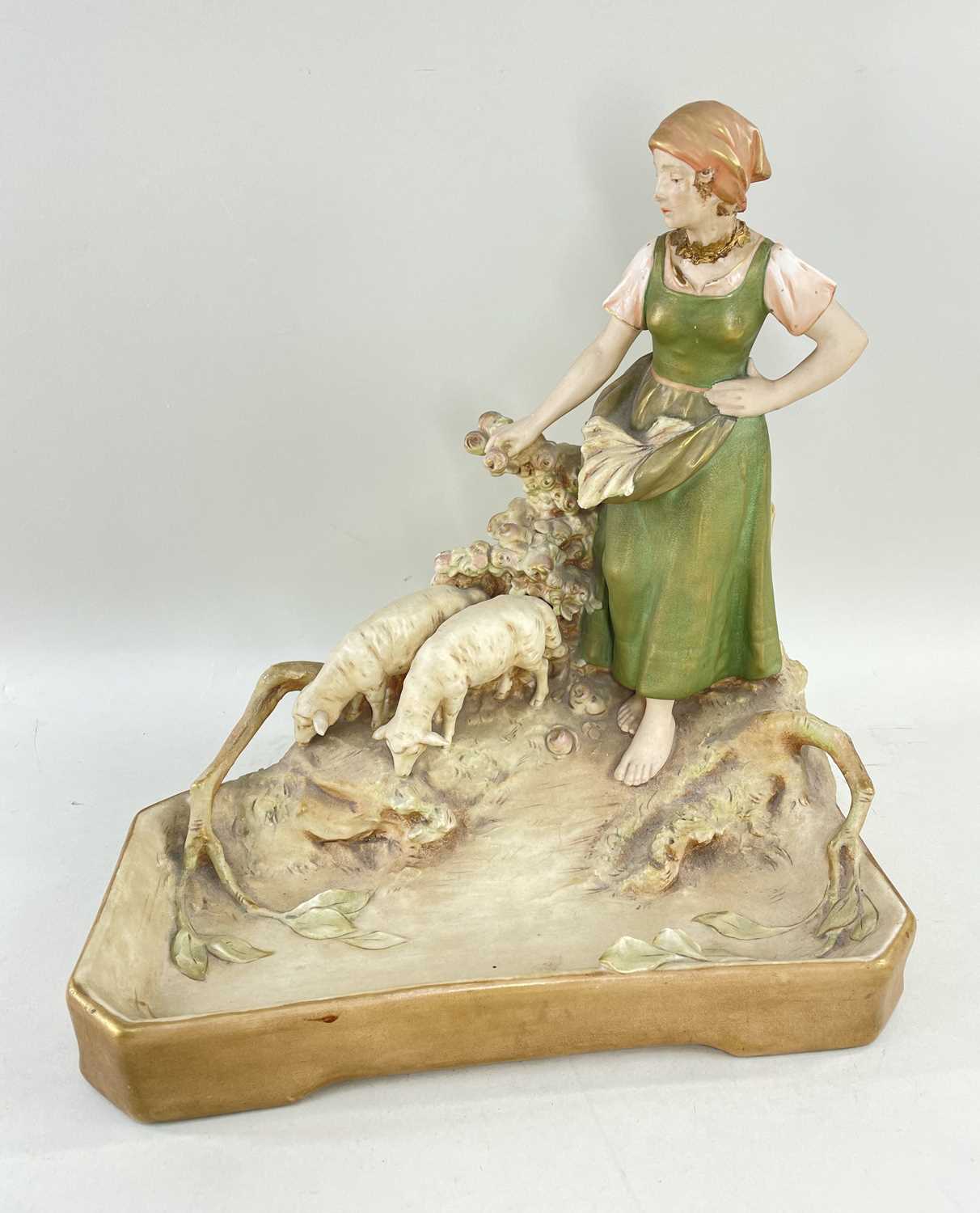 ROYAL DUX PORCELAIN FIGURE APRON WEARING SHEPHERDESS WITH TWO WATERING SHEEP, maker's mark to - Image 2 of 4