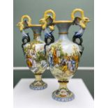 LARGE PAIR CANTAGALLI POLYCHROME MAIOLICA VASES, decorated with biblical scenes including Moses with