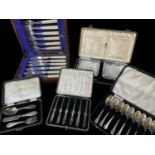 FIVE CASES CUTLERY, FLATWARE & BUTTER DISHES, including set 12 silver teaspoons, 3pc silver