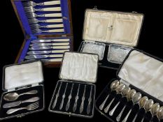 FIVE CASES CUTLERY, FLATWARE & BUTTER DISHES, including set 12 silver teaspoons, 3pc silver