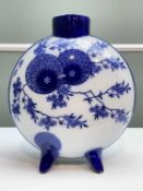 VICTORIAN 'AESTHETIC' STYLE MOON FLASK with blue and white printed floral decoration, with solid