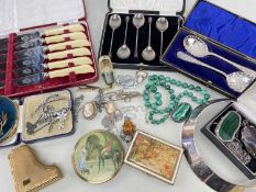 ASSORTED JEWELLERY & COLLECTABLES comprising cased stainless steel knives, cased set of six silver