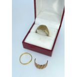 GOLD JEWELLERY comprising 9ct gold signet ring in box together with part 9ct gold ring and a 22ct