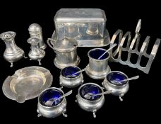 ASSORTED SILVER TABLEWARES, including late Victorian cigarette box, with double engraved crests to