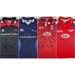 FOUR REPLICA SIGNED SPORTING JERSEYS including professional era Llanelli RFC, similar Scarlets,