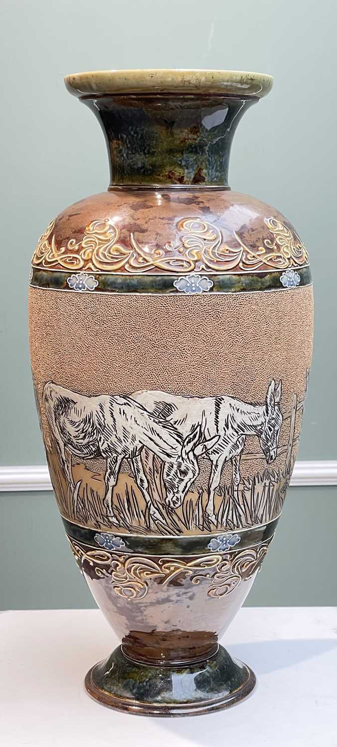 DOULTON LAMBETH STONEWARE VASE BY HANNAH BARLOW, sgraffito decorated with donkeys grazing, with