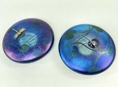 TWO JOHN DITCHFIELD FOR GLASFORM DISC PAPERWIGHTS comprising silver dragonfly on iridescent purple