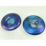 TWO JOHN DITCHFIELD FOR GLASFORM DISC PAPERWIGHTS comprising silver dragonfly on iridescent purple