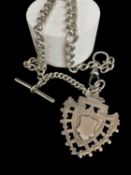 SILVER ALBERT WATCH CHAIN, graduated curblink with T-bar and shield fob dated 1908, 29cm long, 44.