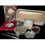 ASSORTED SILVER TABLEWARE, including George IV decanter coaster, set 3 coloured glass bottle