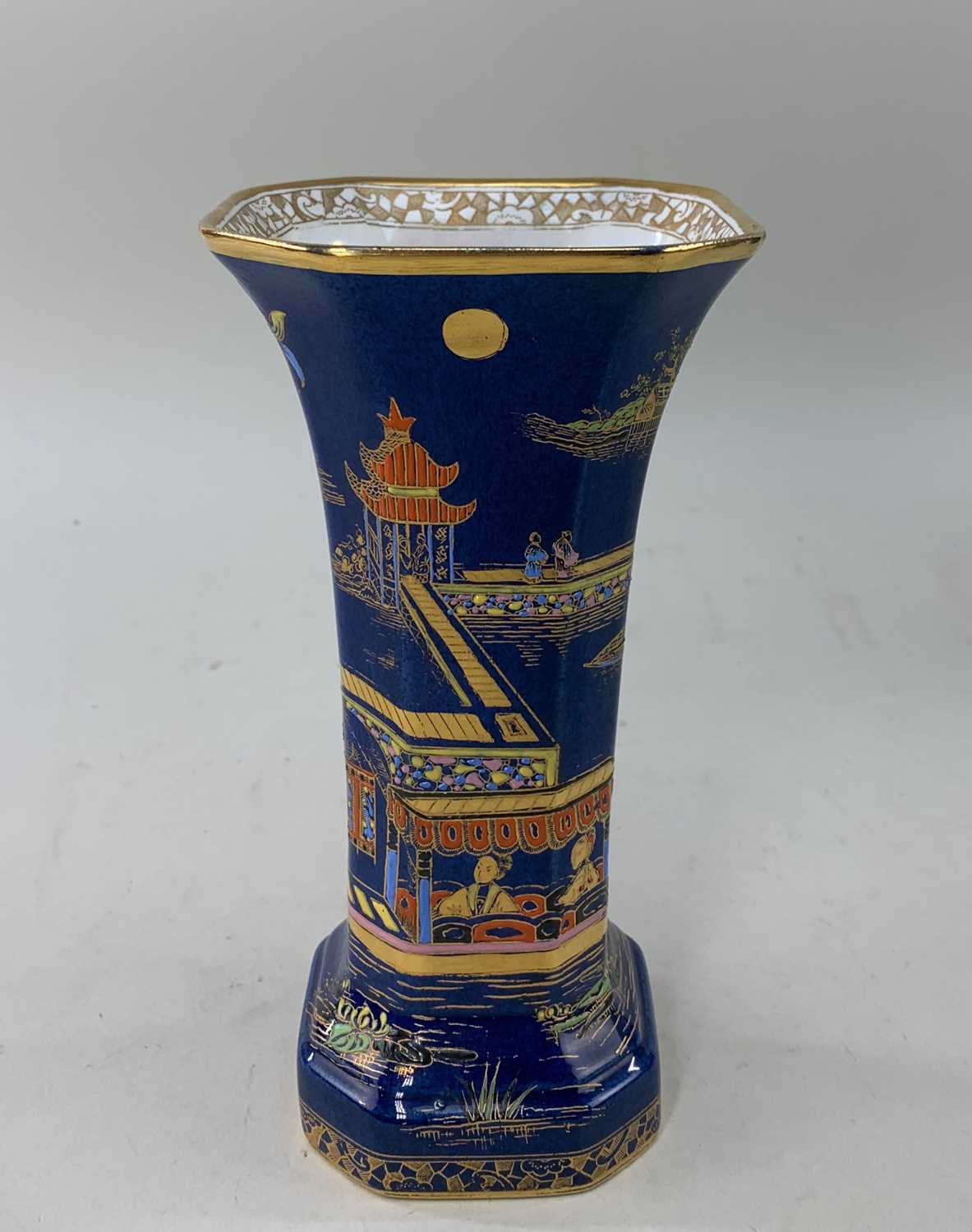 CARLTON WARE BLUE GROUND NEW MIKADO PATTERN VASES, to include a pair of Gu form vases, 17cms high - Image 5 of 5