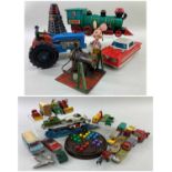 ASSORTED VINTAGE TOYS, including tractor, American locomotive, car, stationary steam engine, and