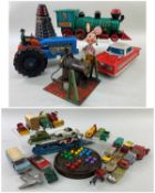 ASSORTED VINTAGE TOYS, including tractor, American locomotive, car, stationary steam engine, and