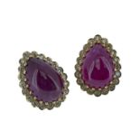 PAIR OF 18K GOLD RUBY & DIAMOND EARRINGS, the large cabochon pear shape rubies surrounded by