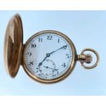 9CT GOLD FULL HUNTER POCKET WATCH, the engine turned cover revealing white enamel face with