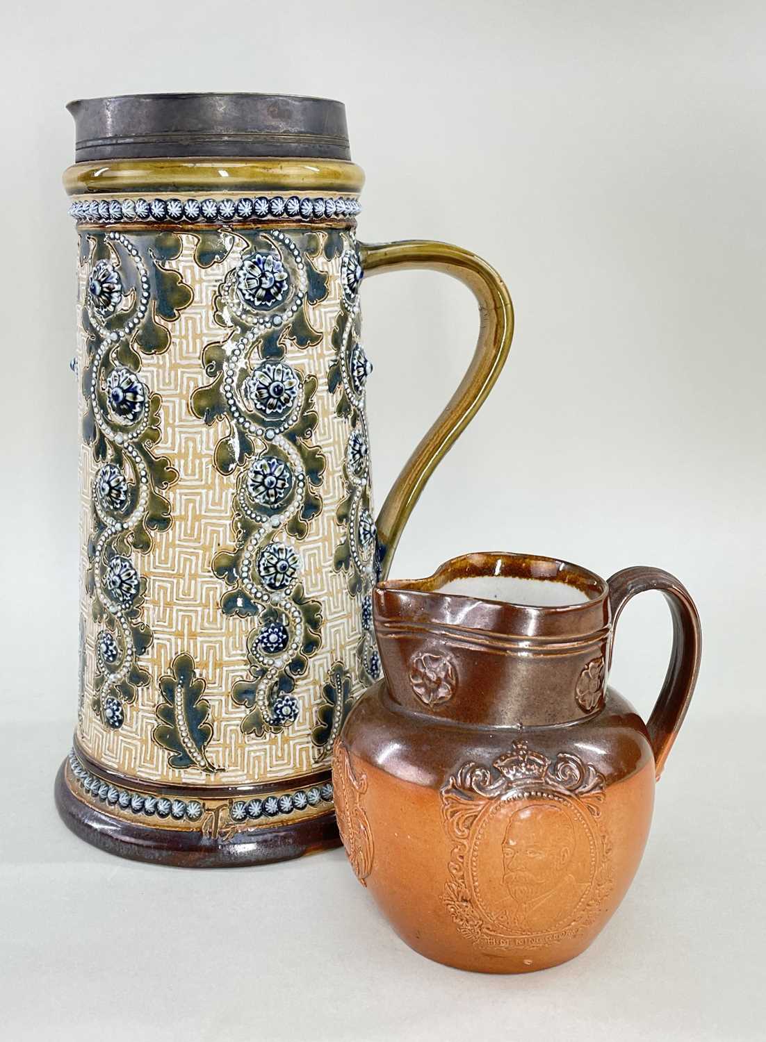 LARGE DOULTON LAMBETH STONEWARE JUG BY GEORGE TINWORTH, decorated with flowerheads and oak leaves, - Image 2 of 3