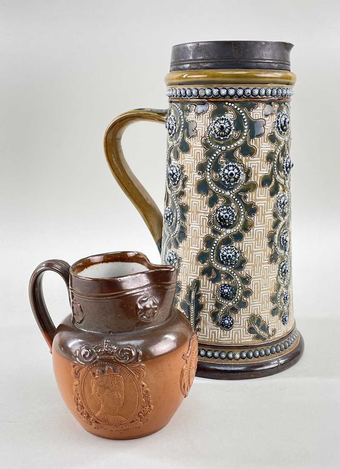 LARGE DOULTON LAMBETH STONEWARE JUG BY GEORGE TINWORTH, decorated with flowerheads and oak leaves, - Image 3 of 3