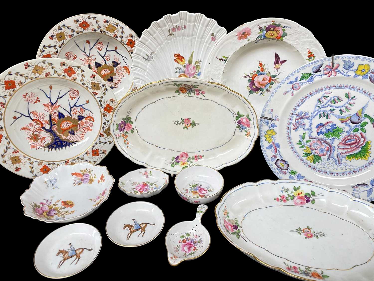 COLLECTION OF ENGLISH & CONTINENTAL FLORAL DECORATED DISHES, including a pair of continental oval