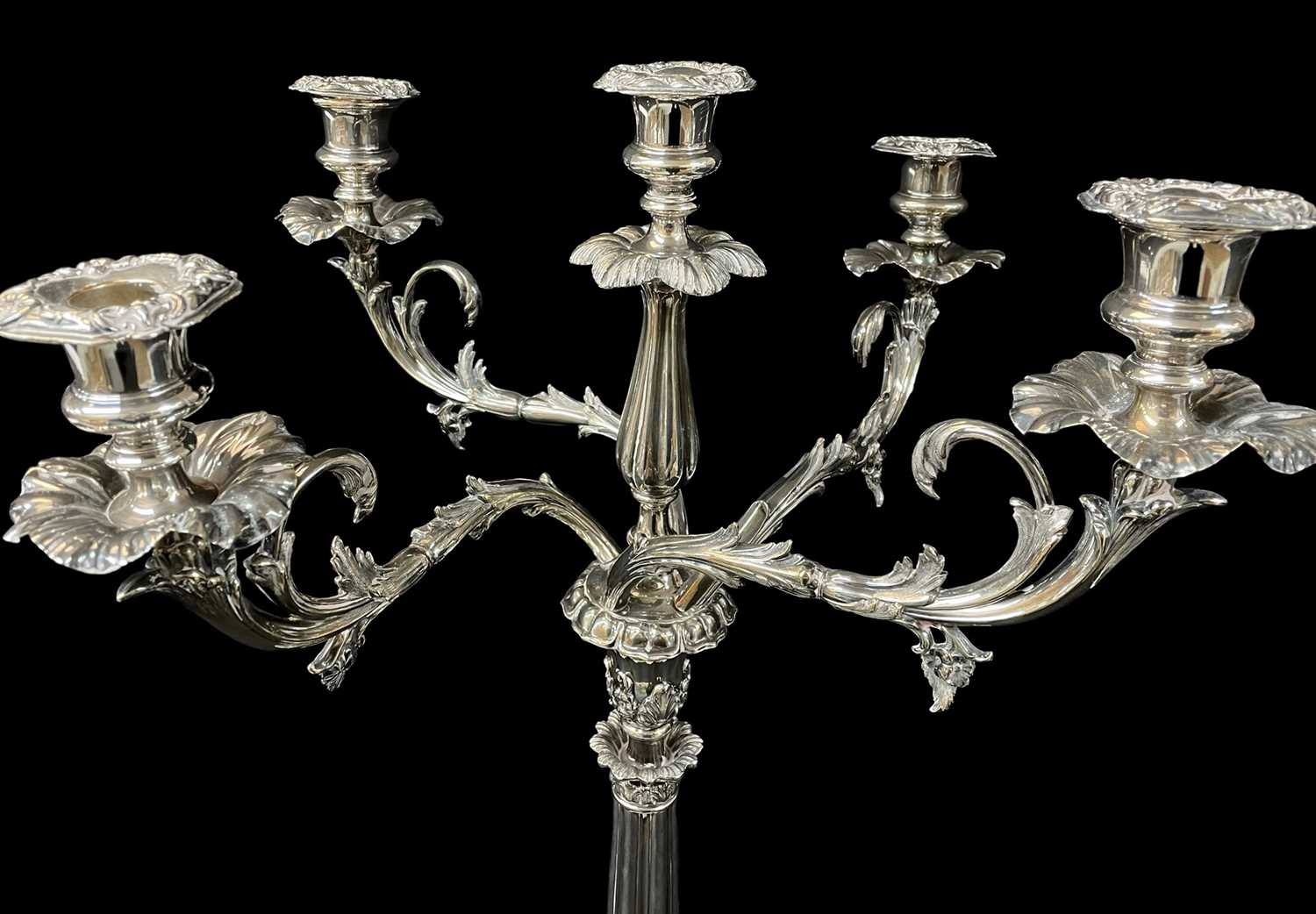 LARGE ELECTROPLATED FIVE-LIGHT CANDELABRUM, with 4 scrolled acanthus leaf arms supporting nozzles - Image 2 of 3