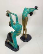 TWO MODERN ART DECO-STYLE PAINTED METAL FIGURES OF DANCERS, the tallest 37cms high (2)