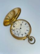 18K GOLD FULL HUNTER POCKET WATCH, engraved outer cover, white enamel face with Roman numerals and