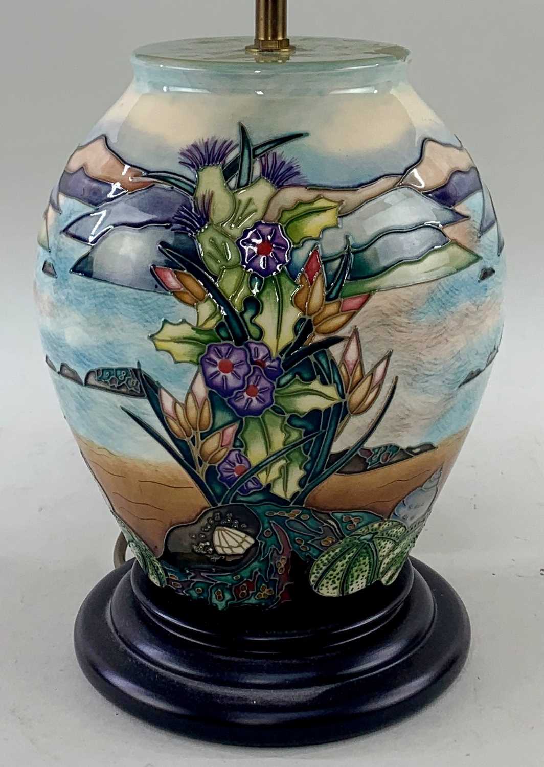 MOORCROFT POTTERY 'ISLA' PATTERN TABLE LAMP, designed by Rachel Bishop, 25cms high together with - Image 3 of 3
