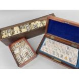 THREE BOXED VINTAGE GAMES, including mahogany cased set bone playing cards as in the style of